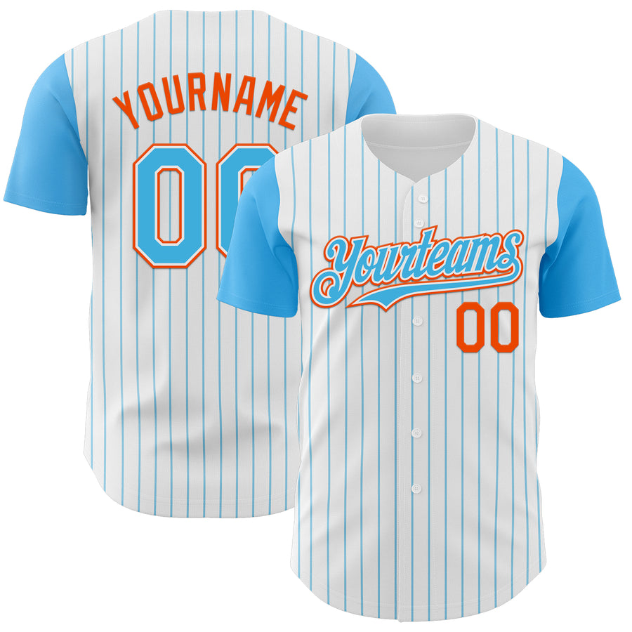 Custom White Sky Blue Pinstripe Orange Authentic Two Tone Baseball Jersey