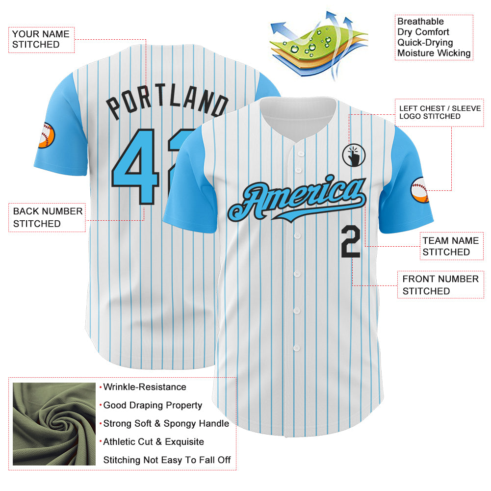 Custom White Sky Blue Pinstripe Black Authentic Two Tone Baseball Jersey