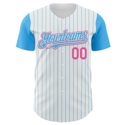 Custom White Sky Blue Pinstripe Pink Authentic Two Tone Baseball Jersey
