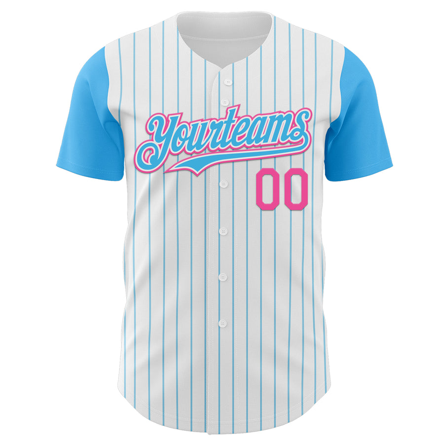 Custom White Sky Blue Pinstripe Pink Authentic Two Tone Baseball Jersey