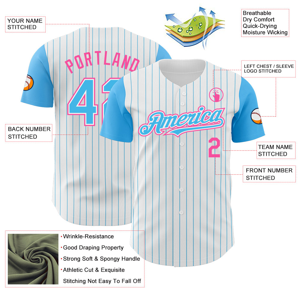 Custom White Sky Blue Pinstripe Pink Authentic Two Tone Baseball Jersey