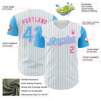 Custom White Sky Blue Pinstripe Pink Authentic Two Tone Baseball Jersey