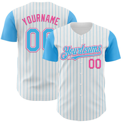 Custom White Sky Blue Pinstripe Pink Authentic Two Tone Baseball Jersey
