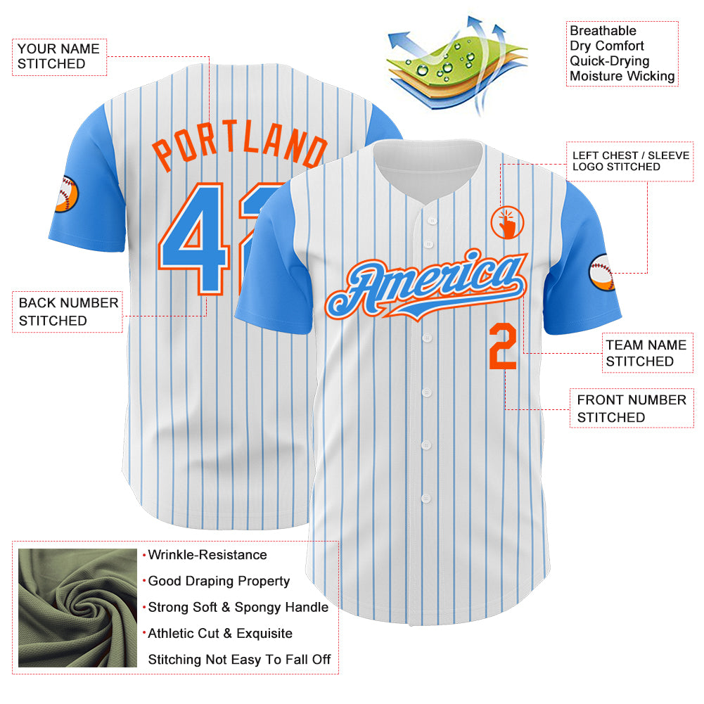 Custom White Electric Blue Pinstripe Orange Authentic Two Tone Baseball Jersey