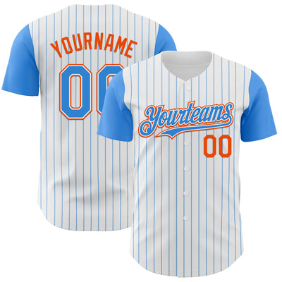 Custom White Electric Blue Pinstripe Orange Authentic Two Tone Baseball Jersey