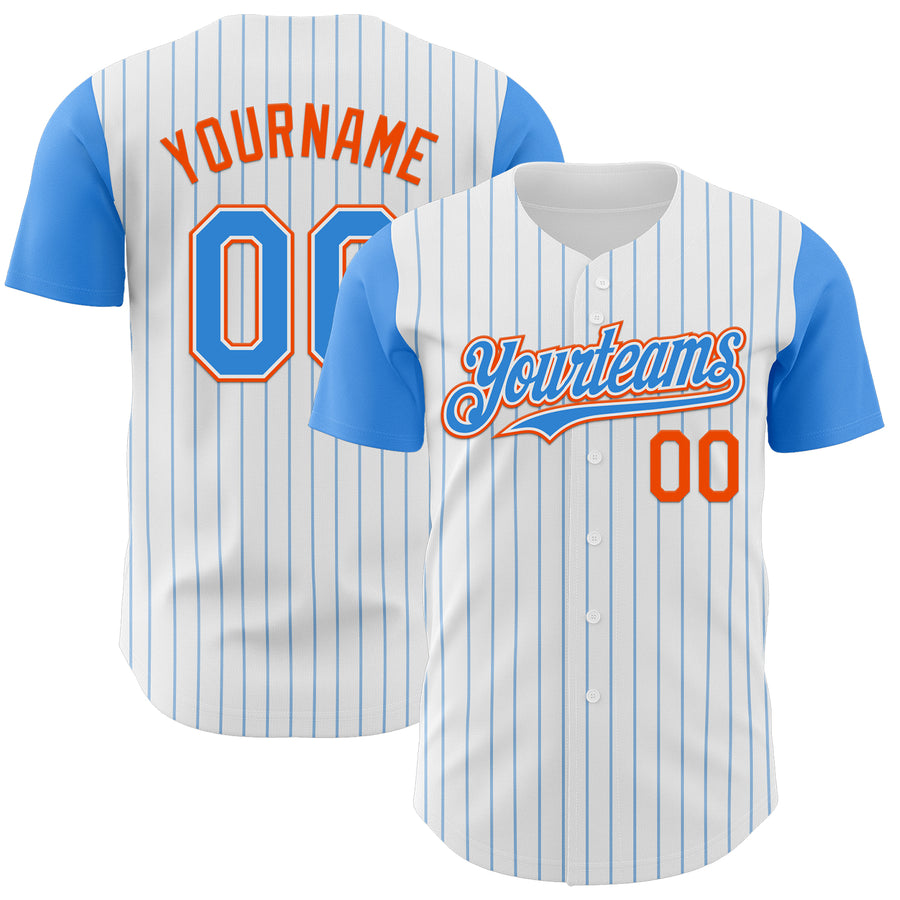 Custom White Electric Blue Pinstripe Orange Authentic Two Tone Baseball Jersey