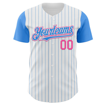 Custom White Electric Blue Pinstripe Pink Authentic Two Tone Baseball Jersey