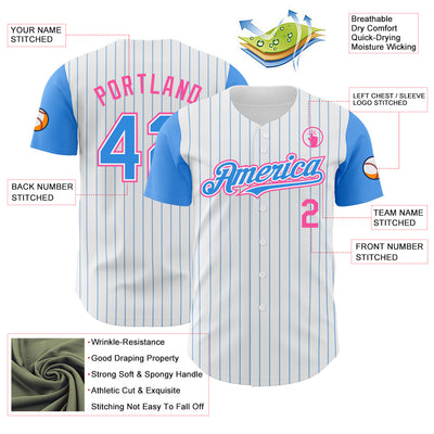 Custom White Electric Blue Pinstripe Pink Authentic Two Tone Baseball Jersey