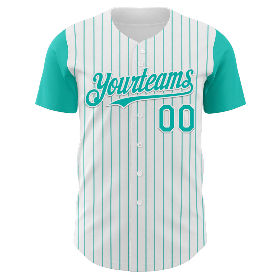 Custom White Aqua Pinstripe Aqua Authentic Two Tone Baseball Jersey