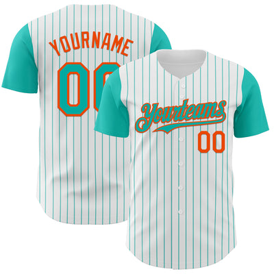 Custom White Aqua Pinstripe Orange Authentic Two Tone Baseball Jersey