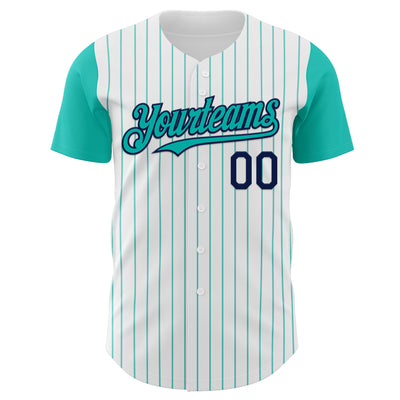 Custom White Aqua Pinstripe Navy Authentic Two Tone Baseball Jersey