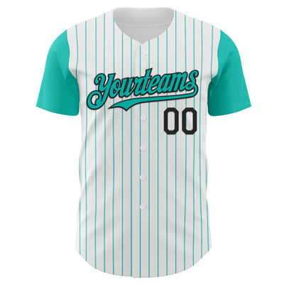 Custom White Aqua Pinstripe Black Authentic Two Tone Baseball Jersey