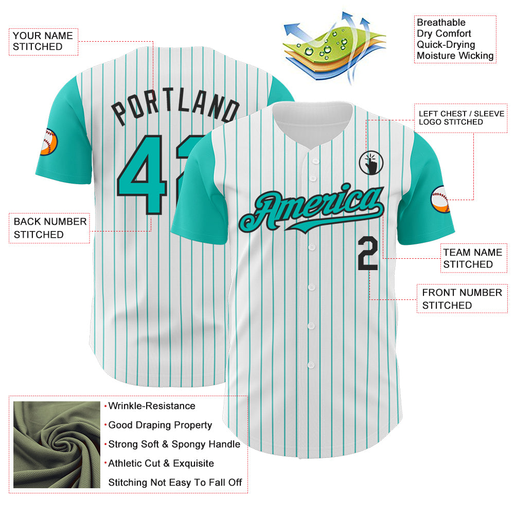 Custom White Aqua Pinstripe Black Authentic Two Tone Baseball Jersey
