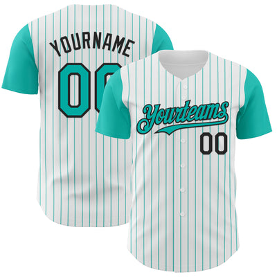 Custom White Aqua Pinstripe Black Authentic Two Tone Baseball Jersey