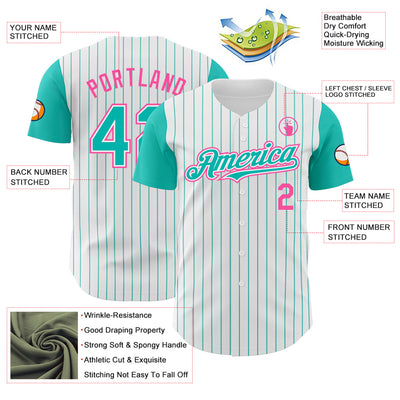 Custom White Aqua Pinstripe Pink Authentic Two Tone Baseball Jersey