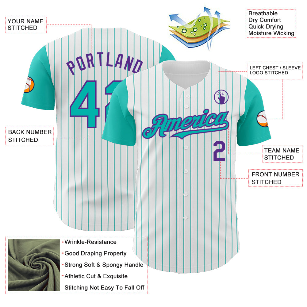 Custom White Aqua Pinstripe Purple Authentic Two Tone Baseball Jersey
