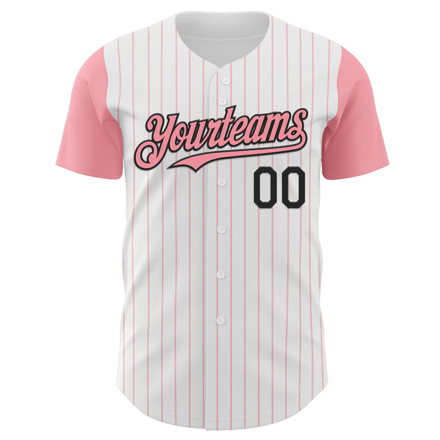 Custom White Medium Pink Pinstripe Black Authentic Two Tone Baseball Jersey