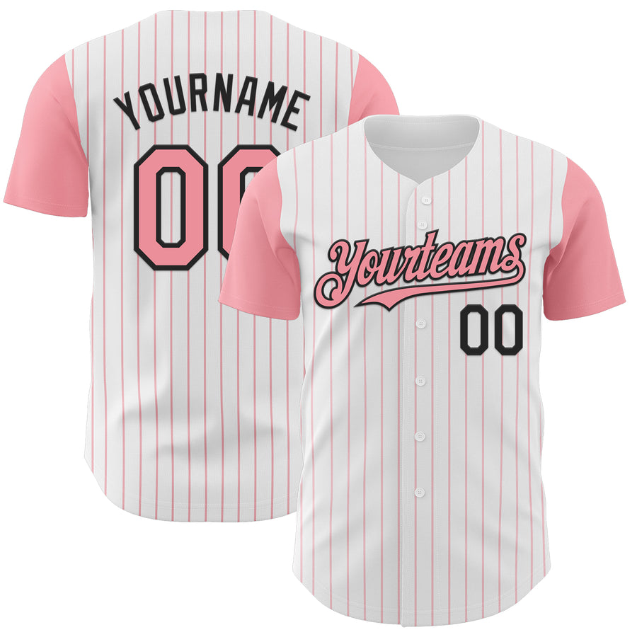 Custom White Medium Pink Pinstripe Black Authentic Two Tone Baseball Jersey