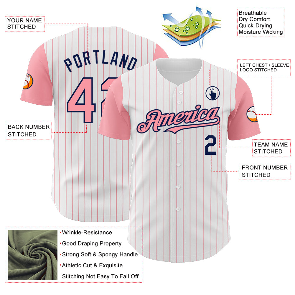 Custom White Medium Pink Pinstripe Navy Authentic Two Tone Baseball Jersey