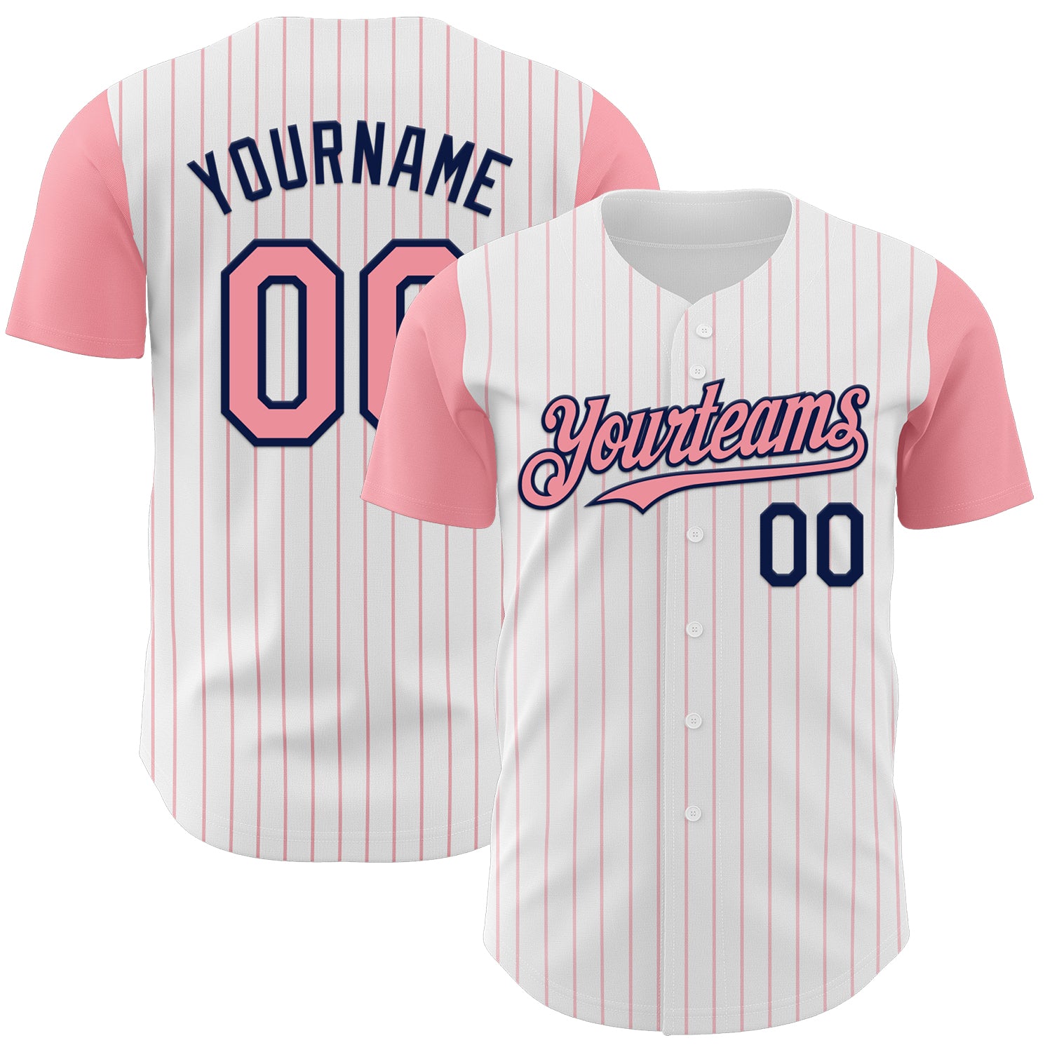 Custom White Medium Pink Pinstripe Navy Authentic Two Tone Baseball Jersey