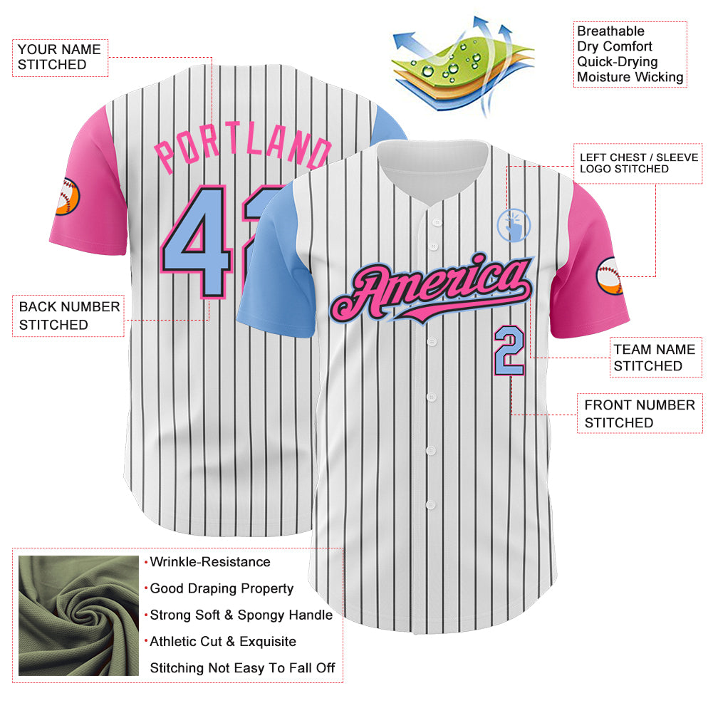Custom White Black Pinstripe Light Blue-Pink Authentic Two Tone Baseball Jersey