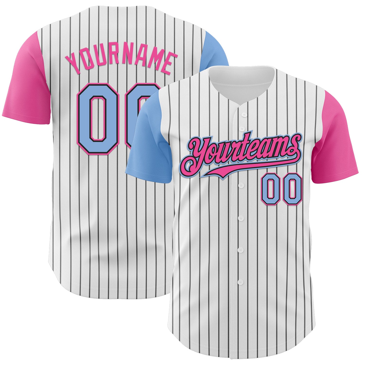 Custom White Black Pinstripe Light Blue-Pink Authentic Two Tone Baseball Jersey