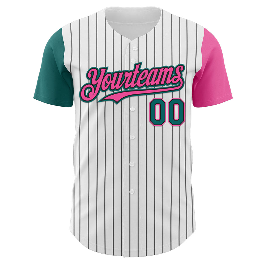 Custom White Black Pinstripe Teal-Pink Authentic Two Tone Baseball Jersey