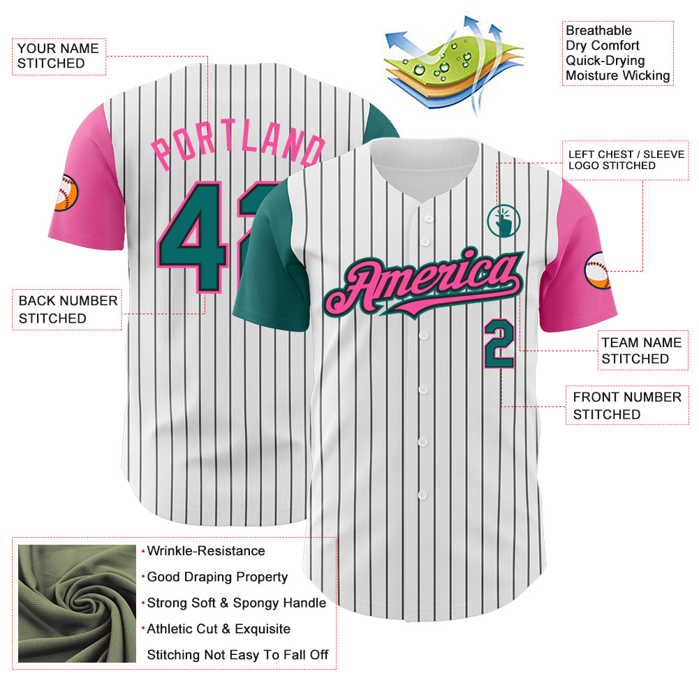 Custom White Black Pinstripe Teal-Pink Authentic Two Tone Baseball Jersey