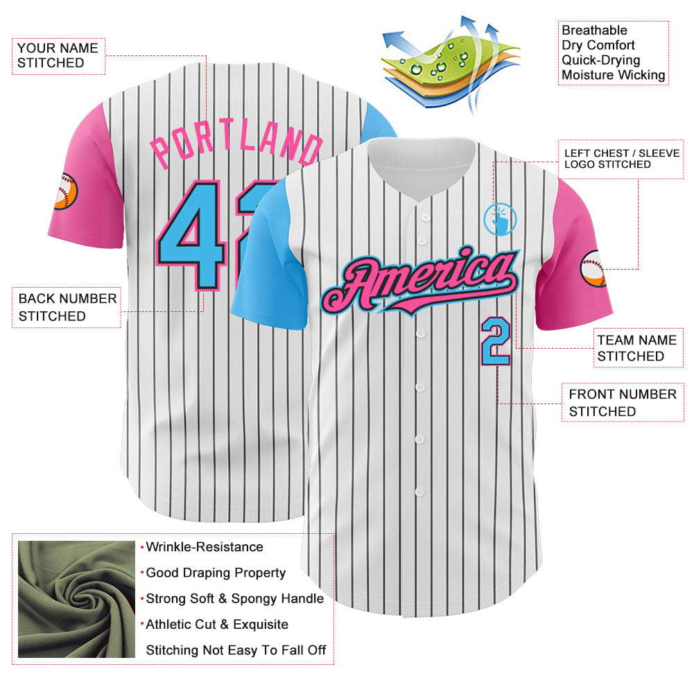 Custom White Black Pinstripe Sky Blue-Pink Authentic Two Tone Baseball Jersey