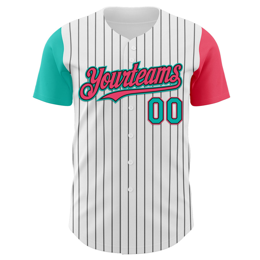 Custom White Black Pinstripe Aqua-Neon Pink Authentic Two Tone Baseball Jersey