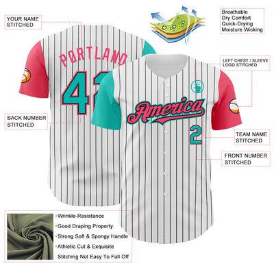 Custom White Black Pinstripe Aqua-Neon Pink Authentic Two Tone Baseball Jersey