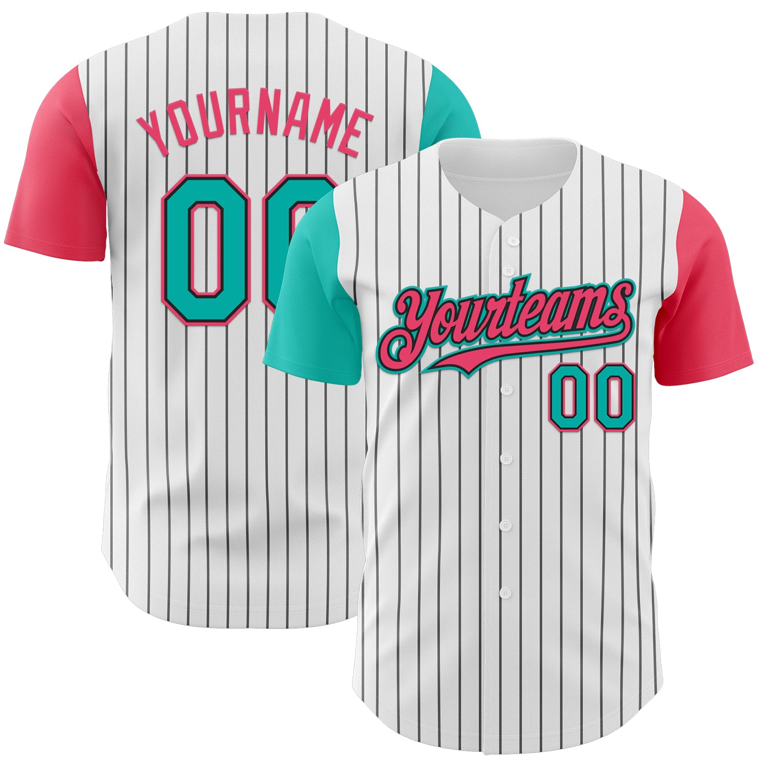 Custom White Black Pinstripe Aqua-Neon Pink Authentic Two Tone Baseball Jersey