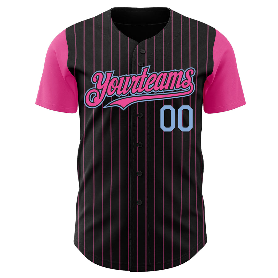 Custom Black Pink Pinstripe Light Blue Authentic Two Tone Baseball Jersey