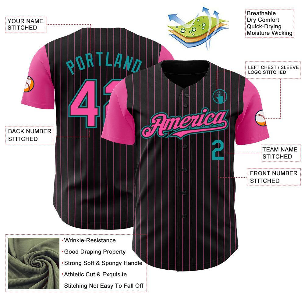 Custom Black Pink Pinstripe Teal Authentic Two Tone Baseball Jersey