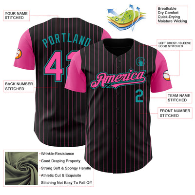 Custom Black Pink Pinstripe Teal Authentic Two Tone Baseball Jersey
