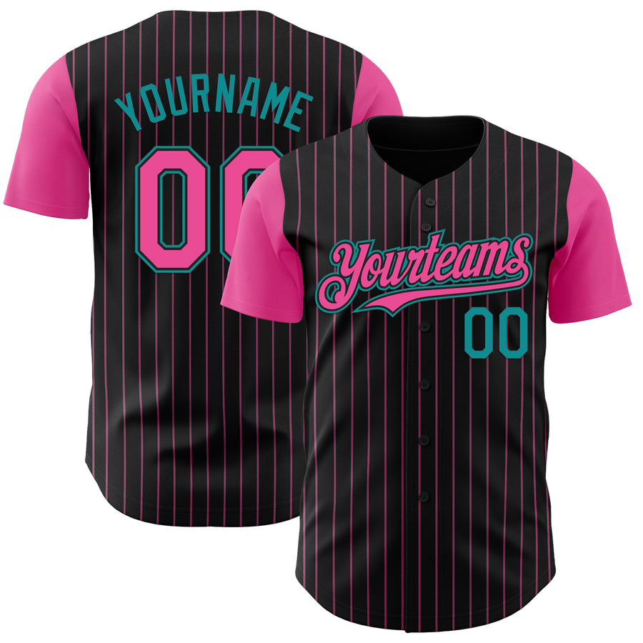 Custom Black Pink Pinstripe Teal Authentic Two Tone Baseball Jersey