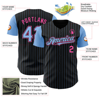 Custom Black Light Blue Pinstripe Pink Authentic Two Tone Baseball Jersey