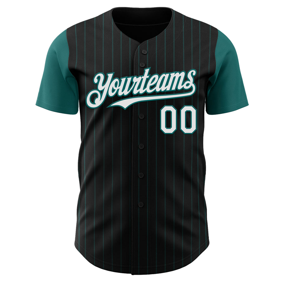 Custom Black Teal Pinstripe White Authentic Two Tone Baseball Jersey