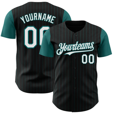 Custom Black Teal Pinstripe White Authentic Two Tone Baseball Jersey