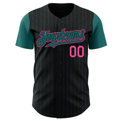 Custom Black Teal Pinstripe Pink Authentic Two Tone Baseball Jersey