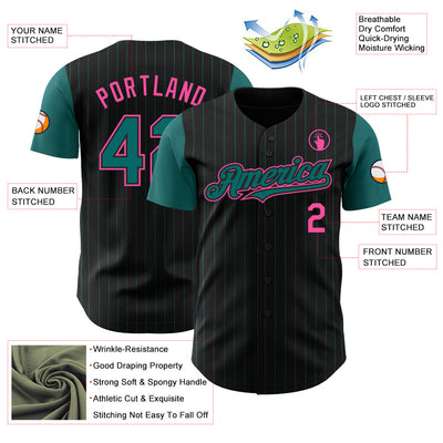 Custom Black Teal Pinstripe Pink Authentic Two Tone Baseball Jersey