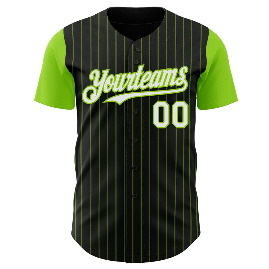 Custom Black Neon Green Pinstripe White Authentic Two Tone Baseball Jersey