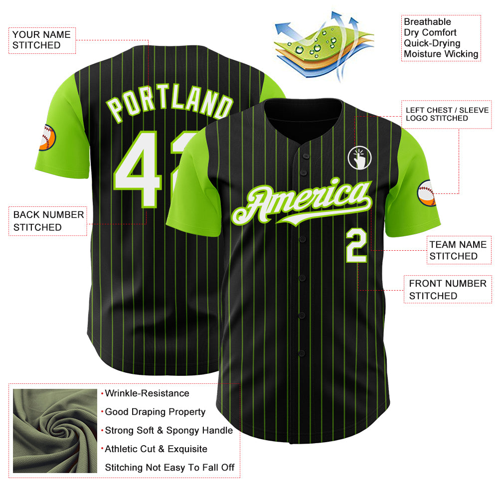 Custom Black Neon Green Pinstripe White Authentic Two Tone Baseball Jersey
