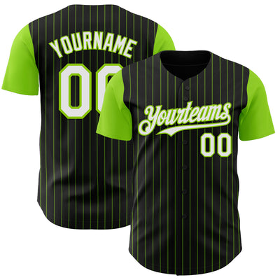 Custom Black Neon Green Pinstripe White Authentic Two Tone Baseball Jersey