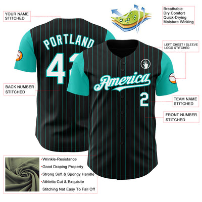 Custom Black Aqua Pinstripe White Authentic Two Tone Baseball Jersey