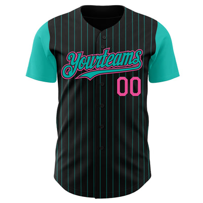 Custom Black Aqua Pinstripe Pink Authentic Two Tone Baseball Jersey