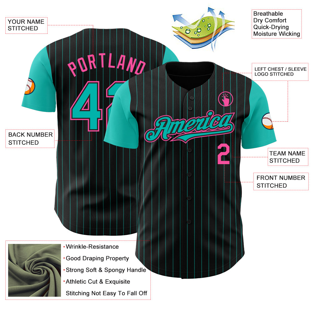 Custom Black Aqua Pinstripe Pink Authentic Two Tone Baseball Jersey
