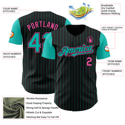 Custom Black Aqua Pinstripe Pink Authentic Two Tone Baseball Jersey