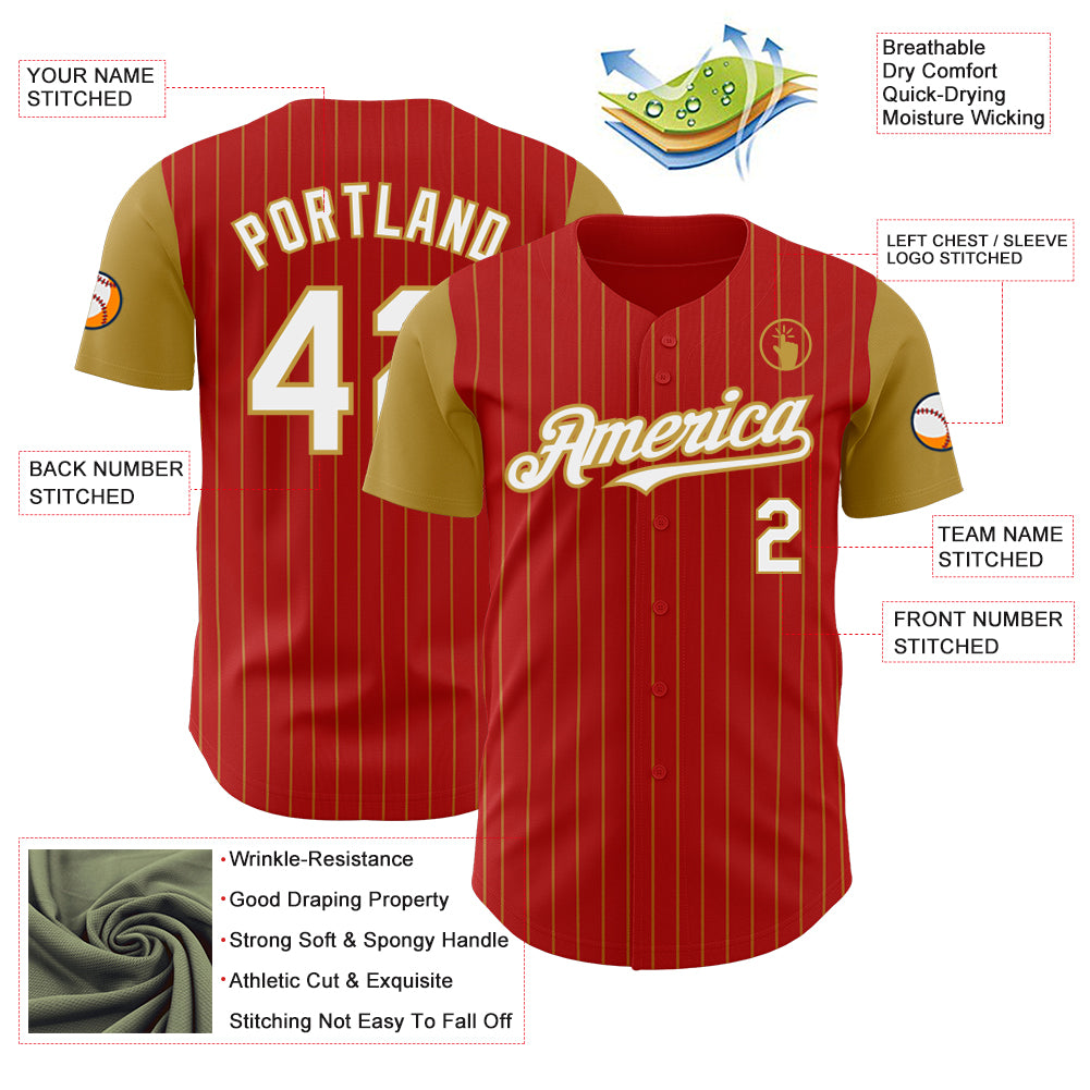 Custom Red Old Gold Pinstripe White Authentic Two Tone Baseball Jersey