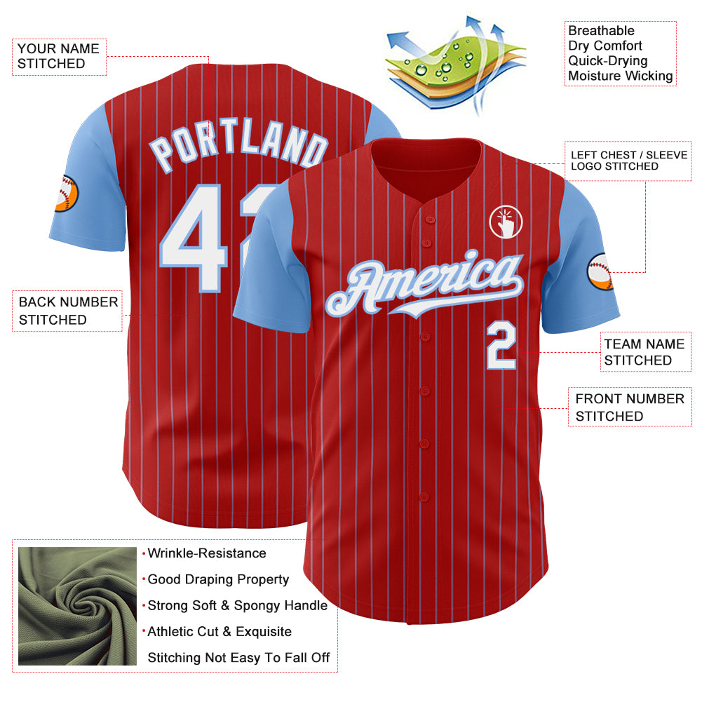 Custom Red Light Blue Pinstripe White Authentic Two Tone Baseball Jersey